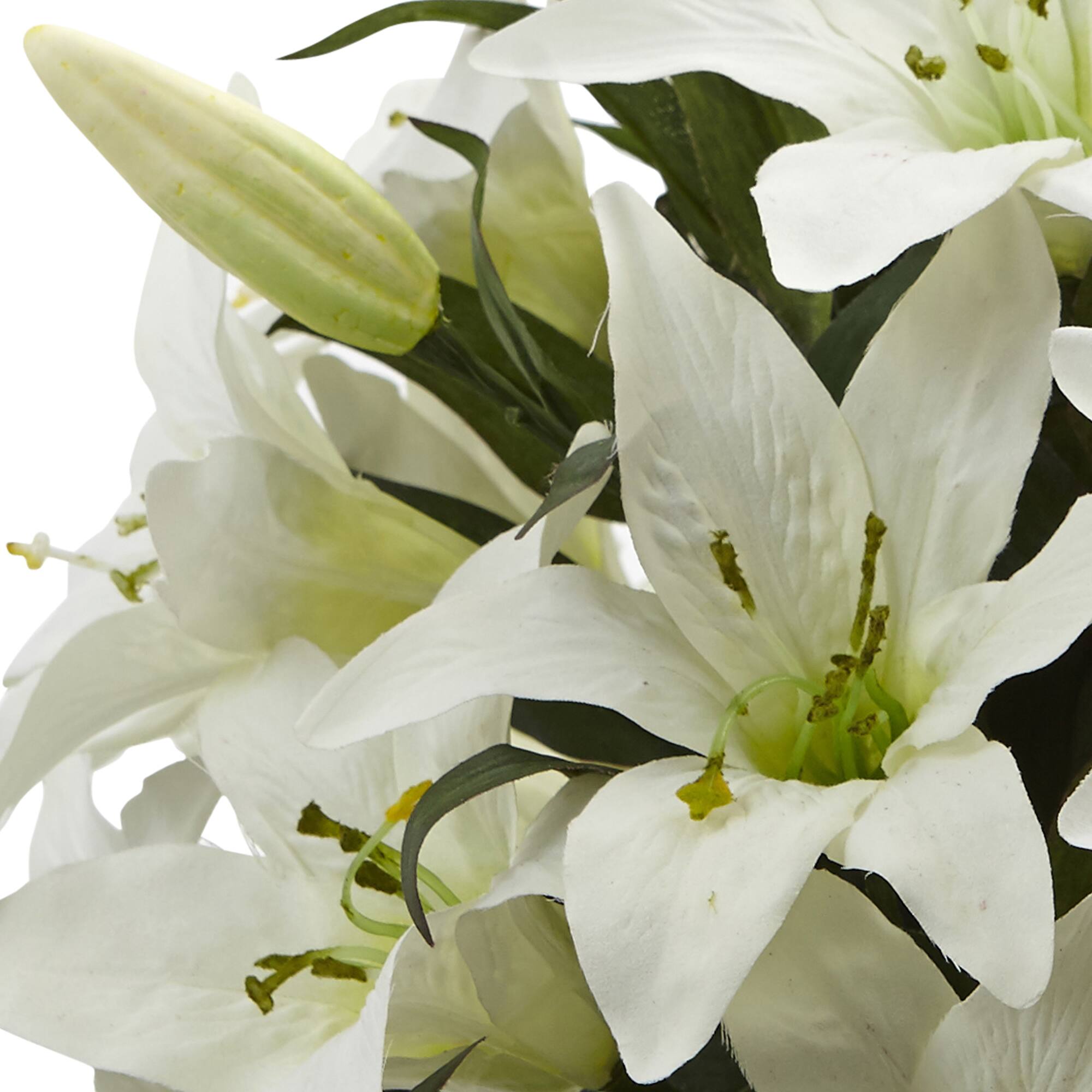 16" White Lily Silk Arrangement with Glass Vase